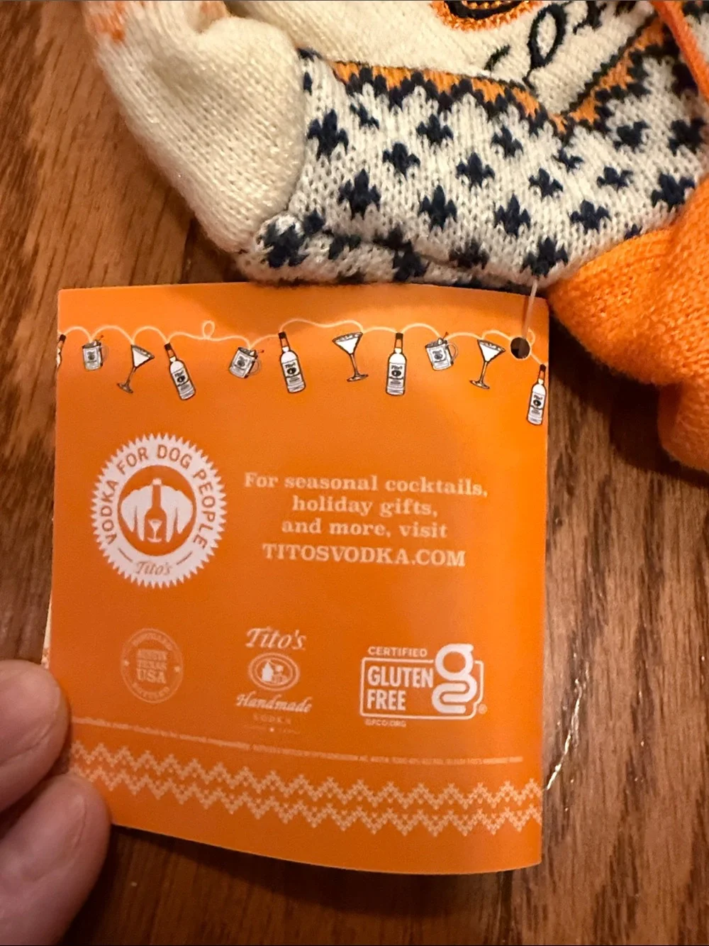Tito's Orange & Cream Knit Hoodie Sweater bottle topper. A1
